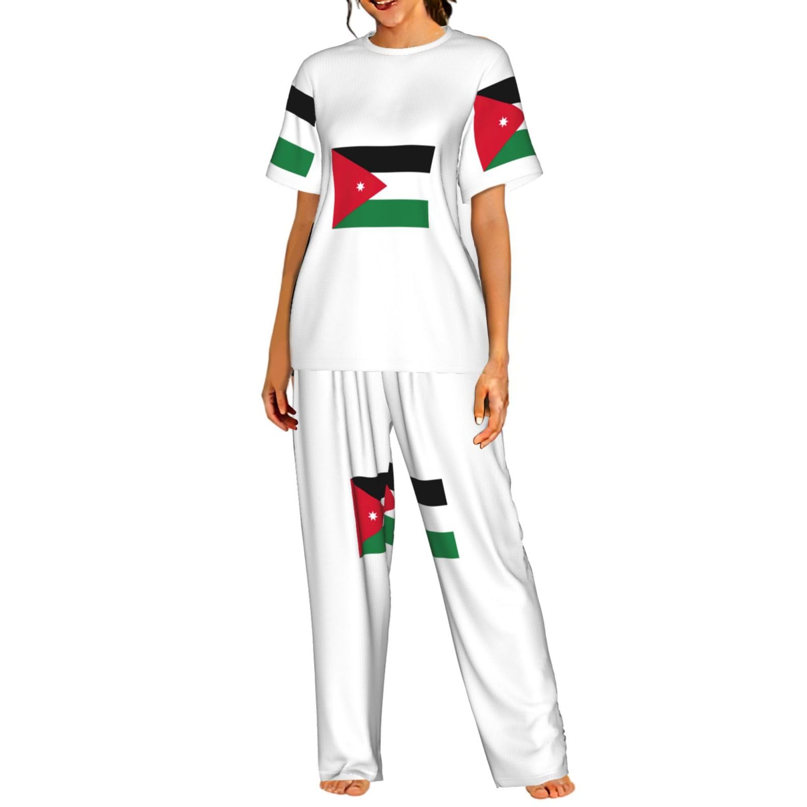 Jordanian Flag Print damska piżama z krótkim rękawem zestaw bielizna nocna lato miękka wygodna domowa bielizna nocna