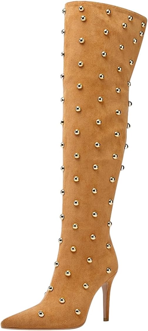 FSJ Women Studded Stiletto High Heel Over the Knee Boots Pointed Toe Side Zipper Thigh High Boot Long Fall Winter Sexy Stretch Suede Shoes Size 4-16 US