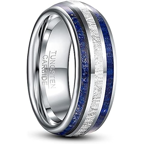 TUNGSTORY Tungsten Carbide Wedding Ring for men women 8mm Lapis Lazuli Ring with Imitated Meteorite Silver Dome Style Comfort Fit Size Y Cover
