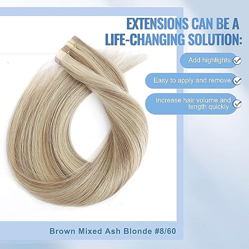 Image of Sixstarhair Invisible Tape In Hair Extensions Real Human Hair Light Brown Highlights with Ash Blonde Remy Tape Hair Extensions for Woman 20 Pieces 50g[Color #P8-60 16 inch]