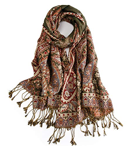 Elzama Reversible Jacquard Paisley Pashmina Soft Double Layer Shawls Wraps Scarf with Tassels Fringes