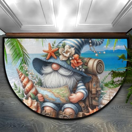 Image of Half Round Door Mat Palm Trees Gnome Non Slip Half Moon Rug Indoor Entrance Washable Half Circle Area Rugs Semi Circle Bathroom Rugs Floor Carpet for Kithen Bedroom Fireplace Decor