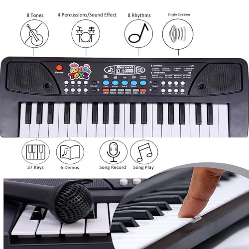 Image of Kids Piano Keyboard with Mic | 37 Keys, 8 Rhythms, 8 Tones & 6 Demo Songs | Electronic Musical Toy for Boys & Girls Age 2-5 | Educational & Recording Keyboard for Beginners - Black
