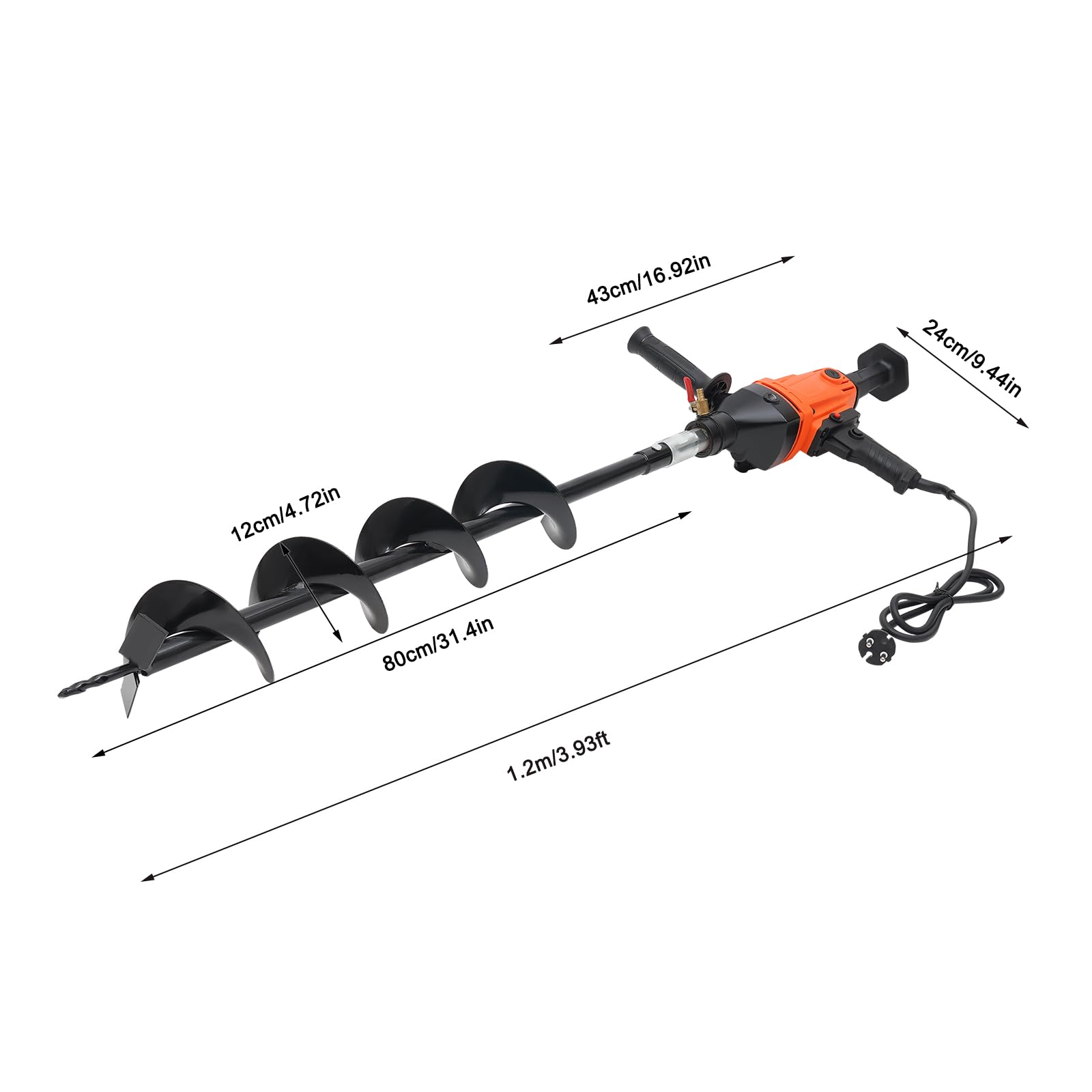 Elektro Erdbohrer 1900W 220V Erdlochbohrer 1000 U/Min Bohrlöcher ∅120mm Bohrtiefe 80 cm mit 2 Griffe und 1 Bohraufsatz
