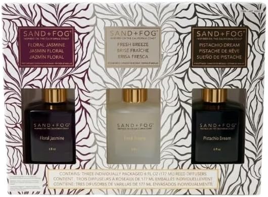 Sand and Fog Reed Diffuser Set, Floral Jasmine, Fresh Breeze, and Pistachio Dream, 6 fl oz Each, 3 Pack