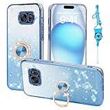 Nouxwerx for Samsung S7 Edge (Not Fit S7) Phone Case, for Cute TPU Soft Slim Pink Cover for Girls Women with Ring Stand Strap Lanyard Shockproof Protective Case for Samsung Galaxy S7 Edge(Blue)