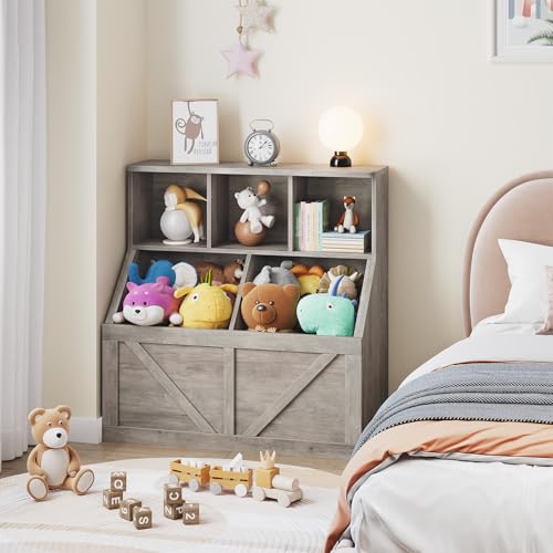 GarveeHome Kids Toy Storage Organizer, Kids Bookshelf and Toy Storage, Toddlers Bookshelf Toy Organizer for Kids Rooms Playroom Bedroom Nursery Daycare, Washed Grey