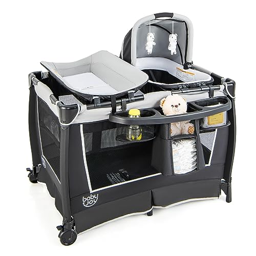 Image of BABY JOY 4 in 1 Pack and Play, Portable Infant Bassinet w/Bassinet & Diaper Changing Table, Nursery Center Baby Playard with Toys & Music & Oxford Bag for Baby Toddlers (Dark Grey, Classic)