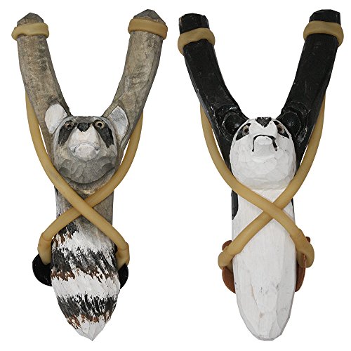 NatureLaunchers | Hand-Carved Wooden Animal Slingshot Set | 2 Pack (Panda & Raccoon)
