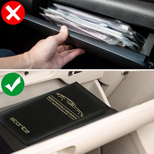 Image of Storite Pu Leather Unique Car Registration and Insurance Card Holder, Vehicle License Document Glove Box Compartment Organizer, Interior Car Accessories for Women & Men (Black)