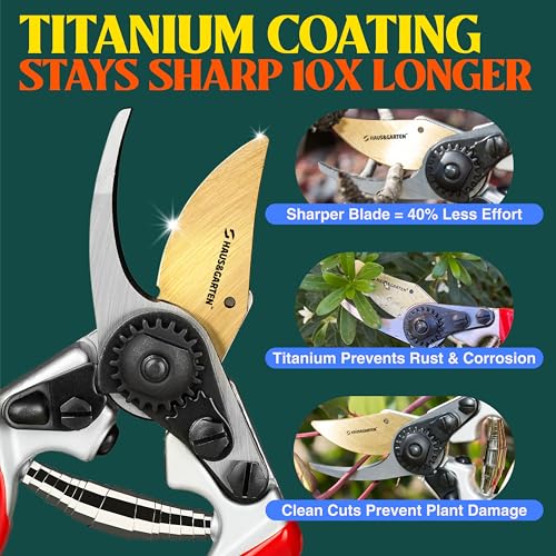 Image of Haus & Garten PrecisionPRO 8 inch Titanium Pruning Shears - Heavy Duty Professional Bypass Pruner - Use As Rose Clippers, Premium Gardening Secateurs, Garden Scissors, Handheld Yard, Tree, & Plant Tool