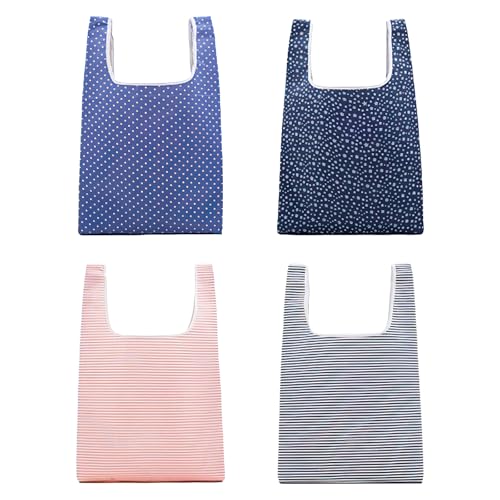 4 Pack Foldable Shopping Bags Reusable Eco-Friendly Grocery Tote Bags with Pockets,Water-Resistant Foldable Shopper Bag,Portable Travel Bags Folding into Attached Pouch,MultiUse for Household Outdoors