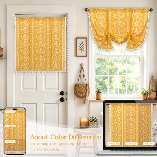 Image of Yinhua Boho Tie Up Curtains for Windows Vintage Linen Valance Light Filtering Floral Valance Rod Pocket Rustic Adjustable Tassel Window Valances for Bathroom, 42 inch W X 45 inch L, Yellow