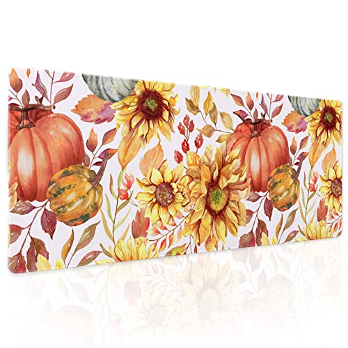 Image of Fall Pumpkin Sunflowers Mouse Pad XL Watercolor Retro Autumn Leaves Floral Extended Desk Mat Non-Slip Rubber Base Stitched Edge Large XL Thanksgiving Mousepad for Desk Gaming Laptop,31.5x11.8 in