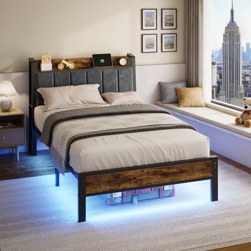 Image of Liians Twin Size Bed Frame with USB Charging Station, Smart LED Lights | Wood Storage Headboard, Metal Platform Bed, Easy Assembly, Noise Free, No Box Spring Needed