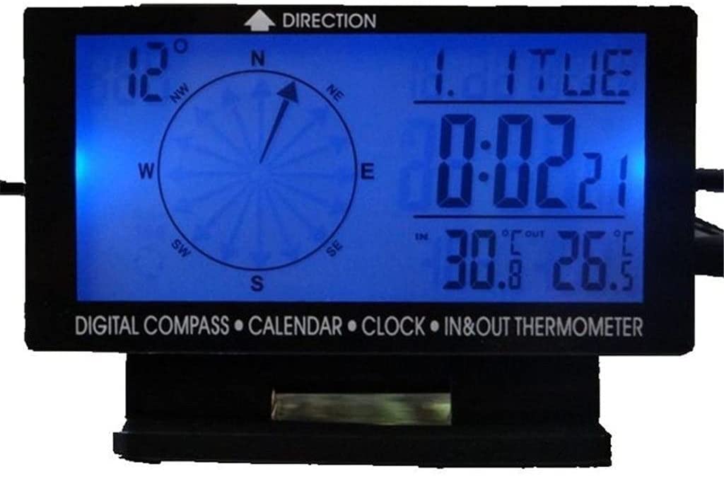 Digital Car Inside Outside Thermometer 5in1 Blue Backlight Car Compass with in/Outdoor Temperature Meter & Clock Calendar Durable