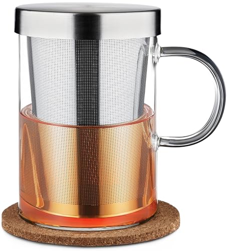 Cosumy Taza de Té con Filtro y Tapa - Taza Infusiones Té Con Posavasos de Corcho - Vaso de Cristal de Borosilicato - Taza Grande de 400 ml
