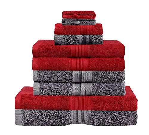 GREEN MARK Textilien 10 TLG. FROTTIER Handtuch-Set mit verschiedenen Größen 4X Handtücher, 2X Duschtücher, 2X Gästetücher, 2X Waschhandschuhe | Farbe: Anthrazit/Bordeaux | Premium Qualität