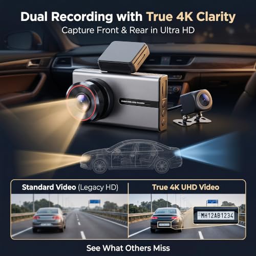 Image of Golens 2 Channel Dash Camera for Cars [Voice Control], 4K Front + 1080P Rear, WiFi App Control, 3 inch IPS Display, ADAS, BSD, Night Vision, Loop Recording, Parking Monitor, G-Sensor T4-B2V