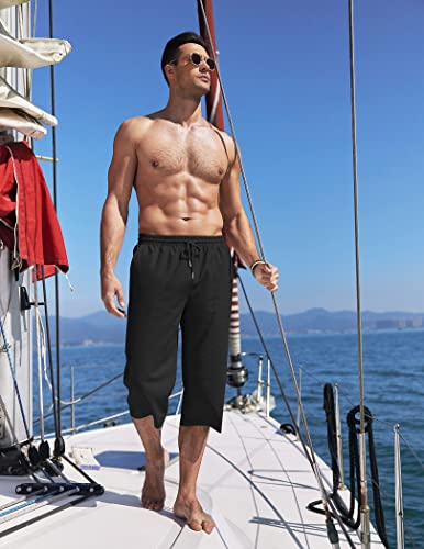 COOFANDY Men's Linen Capri Pants Casual Lightweight 3/4 Baggy Pants Drawstring Elastic Waist Beach Yoga Pants with Pockets2