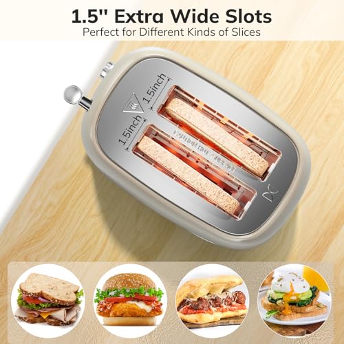 Image of 2 Slice Stainless Steel Toaster Retro with 6 Bread Shade Settings, Bagel, Cancel, Defrost Function, 2 Slice Toaster with Extra Wide Slot, Removable Crumb Tray, Tauge
