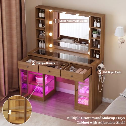 Image of Wodeer Makeup Vanity Desk with Mirror and Lights, Vanity with Glass Top, LED Lights & Power Outlet, 3 Drawers & 2 RGB Glass Cabinets, Adjustable Lighted Dressing Table for Women & Girls Bedroom,Walnut
