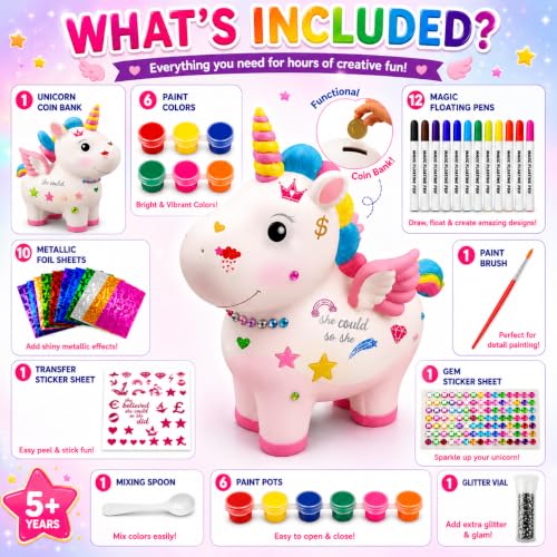 Image of PLUSPOINT DIY Unicorn Coin Bank Painting Kit for Kids Ages 5+ Paint Your Own Piggy Bank Craft Set with 6 Paints, 12 Magic Floating Pens, Metallic Foil Sheets, Stickers, Gems & Glitter, Creative Gift