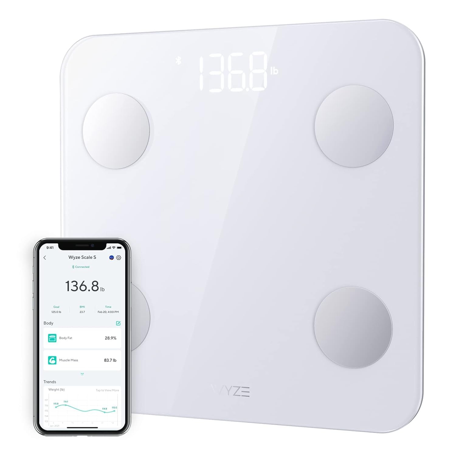 Wyze Scale S, báscula para peso corporal, báscula digital de baño para grasa corporal, IMC, músculo, frecuencia cardíaca, analizador de composición corporal con aplicación, baterías incluidas