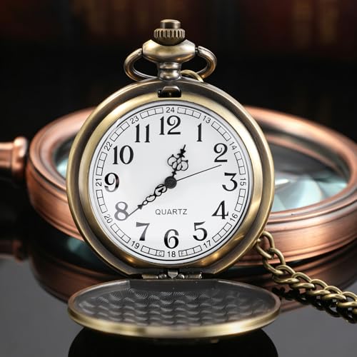 Image of Tiong Vintage Pocket Watch Engraved Cowboy Skull Wolf 3D Pattern Arabic Numerals Quartz Pocket Watch with Chain Best Gifts