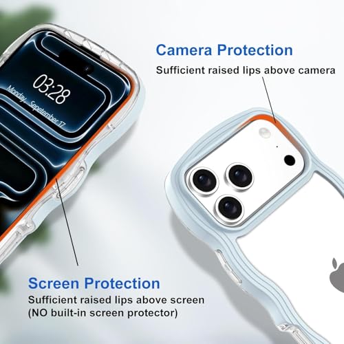 Image of GoldKart iPhone 17 Pro Max Case Wavy Edge Clear Back Design, Anti-Slip Grip Cute Wave Curly Frame Shape Shockproof Soft TPU & Hard PC Bumper Protective Phone Case Cover for Women Girls - Light Blue