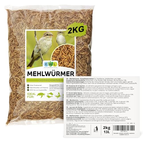 EWL Naturprodukte Mehlwürmer getrocknet 2 kg (13 L), Insektensnack für Vögel, Fische, Schildkröten, Nager und Reptilien
