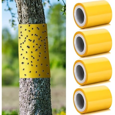 Kittmip 4 Rolls 260ft Lantern Fly Tree Tape Outdoor Adhesive Crawling Insect Trap Yellow Sticky Traps Sticky Barrier Protecting Trees Outdoor Indoor Fruit Tree Lawn Garden Control Aphids Ant Moth Cover