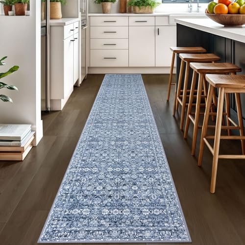 2x10 Blue Washable Runner Rug for Kitchen, Soft Classic Runner with Non-Slip, Non-Shedding Distressed Floral Rug for Hallways Entryway Bedroom Bathroom Laundry Indoor