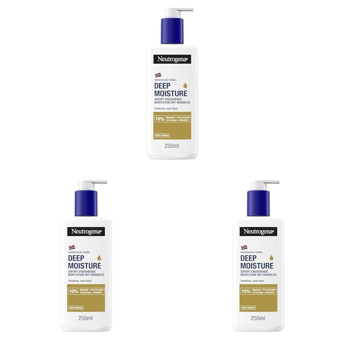Neutrogena Deep Moisture Bodylotion mit Mandelöl, sofort einziehende Körperlotion für 72h intensive Feuchtigkeit, nicht fettende Hautpflege Lotion mit Pro-Ceramide Technologie für trockene Haut 250 ml