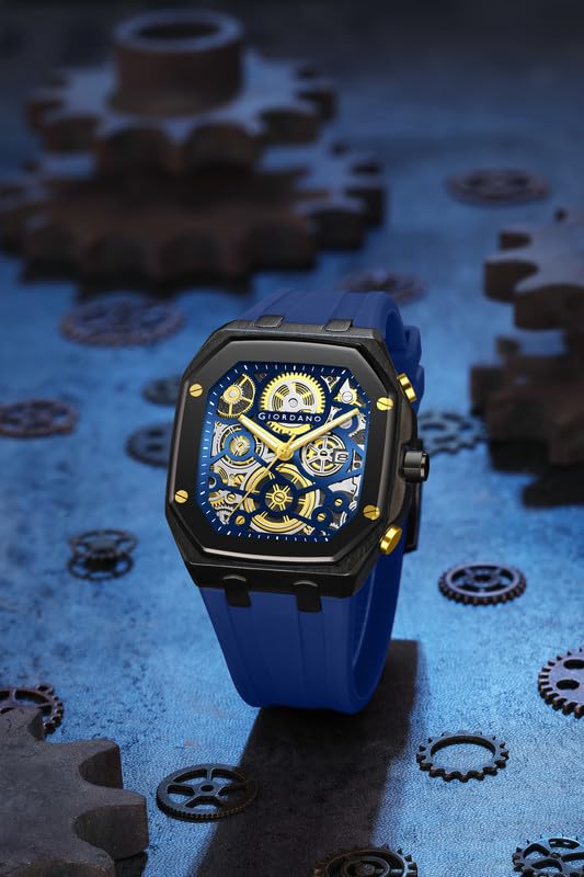 Image of Giordano Analog Quartz Watch for Men with Octagonal Skeleton Dial, Exposed Gear Design, Date Display and Silicone Strap - GZ-50221