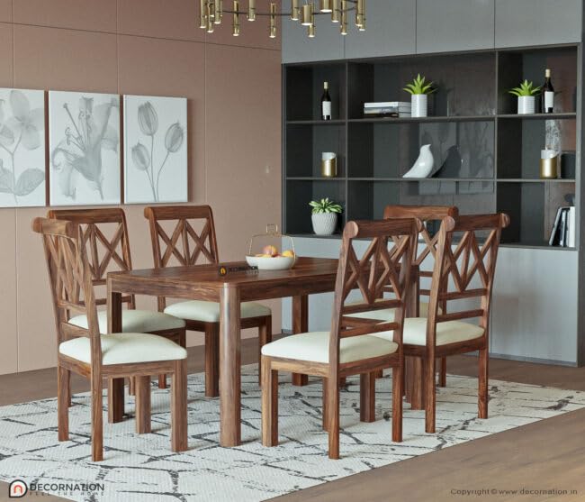 Image of DecorNation Ella Solid Wooden 6 Seater Dining Table Set with Chairs | Cushioned Faux Leather Seats | Rectangular Dining Table | Modern Dining Furniture for Home
