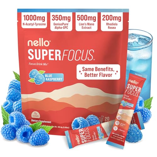 Nello Superfocus Nootropic Focus Drink Mix for Productivity L-Theanine Rhodiola Rosea Alpha-GPC Lions Mane Tyrosine Sugar-Free Packets (20 Servings (No Caffeine) Blue Raspberry)