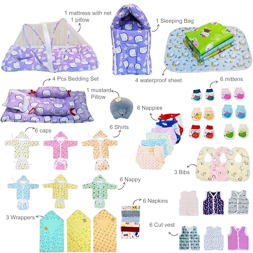 Image of Infantbond Baby All Season Use Hospital Essential Combo for New Born | Gift Pack | Baby Products | Maternity Essentials (60 Items)(0-6 Months) (Purpal Kitty 59)(Colours May Vary)