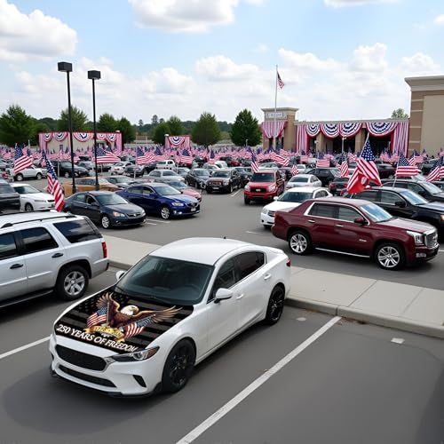 Image of American Car Hood Cover - 59x51 American Car Hood Cover Flag Bonnet Banner with 2 Adjustable Triangular Fasteners, Universal Fit for Trucks, SUV, Patriotic Car America Flag Decor