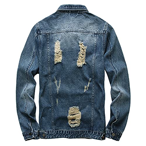Image of RANMCC Men's Elastic Ripped Denim Jacket, Vintage Washed Frayed Trucker Coat, Lightweight Casual All Season Street Outerwear