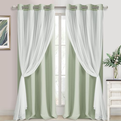 Image of DWCN Green Blackout Curtains with Sheer Overlay with Tiebacks 96 Inch Long