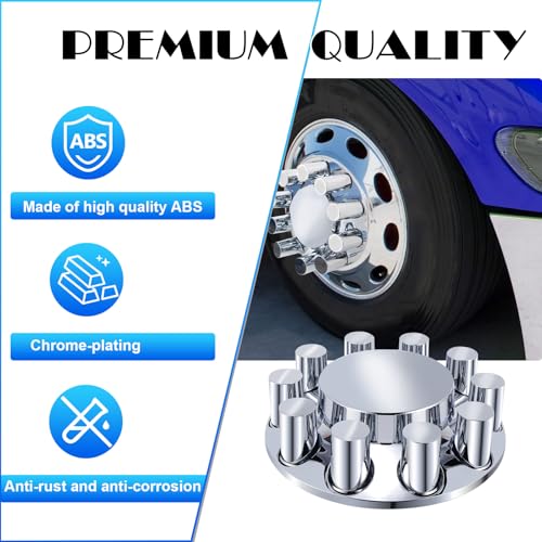 Image of ABS Chrome Plastic Front Axle Cover Kits with 33mm Thread-on Flange Nut Covers for Semi Trucks in Pairs, Flat Top Set(Front *2)