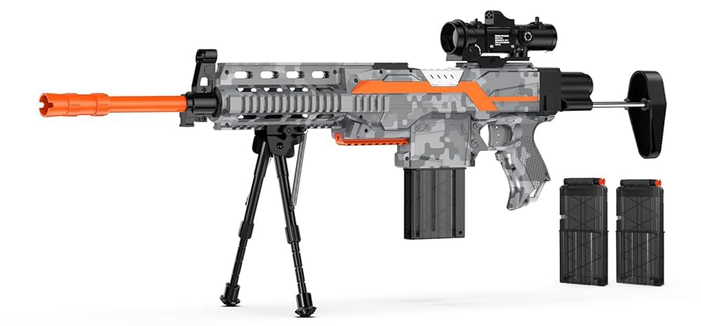 Elektrisches Spielzeuggewehr für Nerf Sniper mit Zielfernrohr, 3 Modi, wiederaufladbar, mit Zweibein, 2 Magazinen & 100 Darts -Grey-NEW