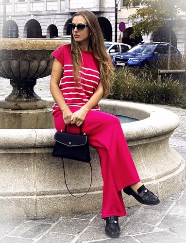 Image of Ekouaer Striped Lounge Set 2 Piece Sweater Matching Outfits Travel Knit Clothing Sets for Women