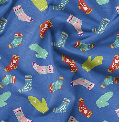 Image of Soimoi Blue Poly Georgette Fabric Socks & Gloves Folk Art Printed Craft Fabric by the Meter 52 Inch Wide