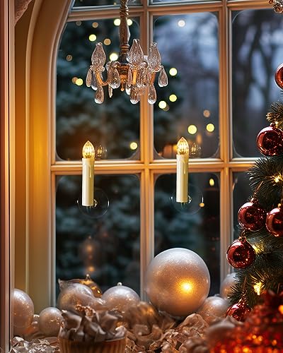 Raycare Lot de 10 bougies de fenêtre LED sans flamme avec minuteur à distance, bougies coniques sans flamme à piles, lumière blanche chaude vacillante avec clips/ventouses pour Noël, Halloween – Image 4