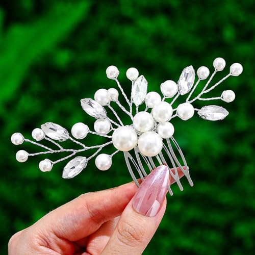 Foyte Wedding Pearl Hair Comb Bridal Rhinestone Headpieces Crystal Hair Piece Bridesmaid Hair Accessories for Women and Brides (Silver)