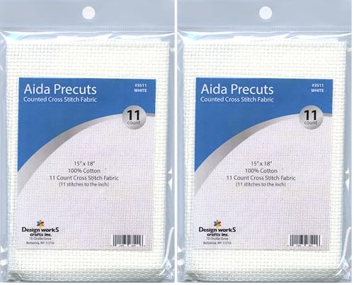 Image of Design Works Crafts 11 Aida Fabric Pre-Cut for Counted Cross Stitch-White, 15 inch x 18 inch (Pack of 2)