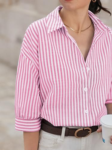 Image of IndoPrimo Women's Classic Fit Striped Print Poly Cotton Shirt with 3 /4 Sleeve Mandarin Neck Standard Length and Button Down Closure Type