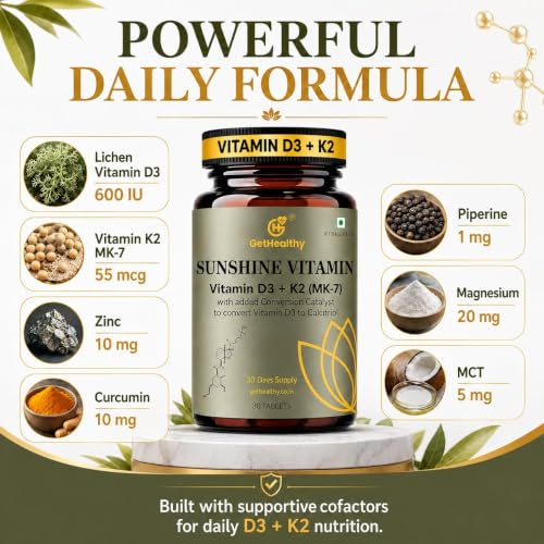 Image of GetHealthy Sunshine Vitamin Premium Vegan Vitamin D3 K2 MK7 Tablets | Lichen D3 600 IU + MK-7 55 mcg with Zinc, Curcumin, Piperine, Magnesium & MCT | Bone, Heart & Immune Support | Lab Tested | 120 Day Supply